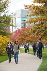 Students walking on campus in front of library